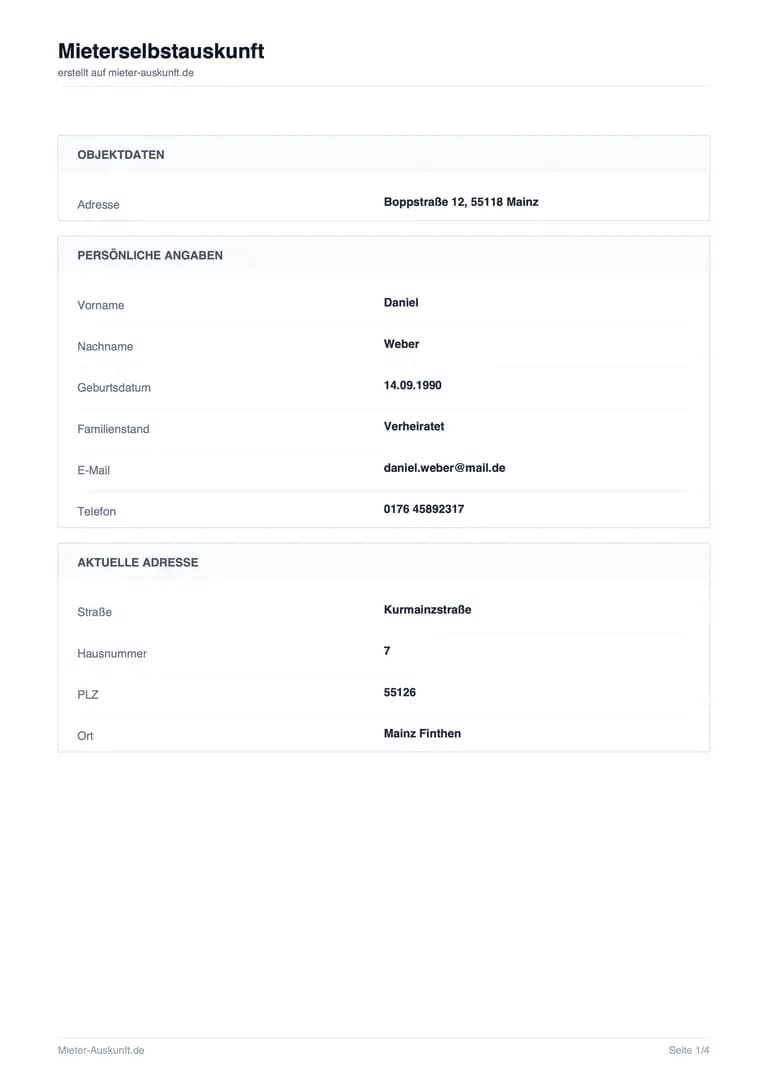 Mieterselbstauskunft PDF Vorlage Seite 1